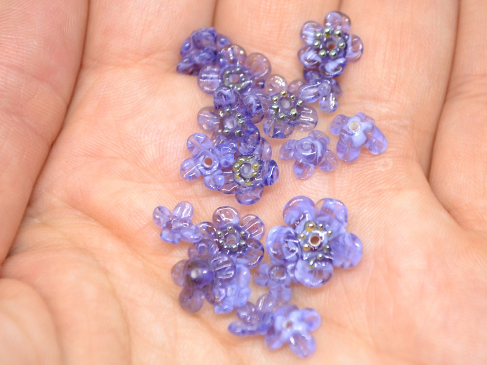 Purple glass beads, Transparent flower beads, Spring flower beads, Floral Bead set, Floral lampwork bead, Mini floral bead, Artisan Lampwork