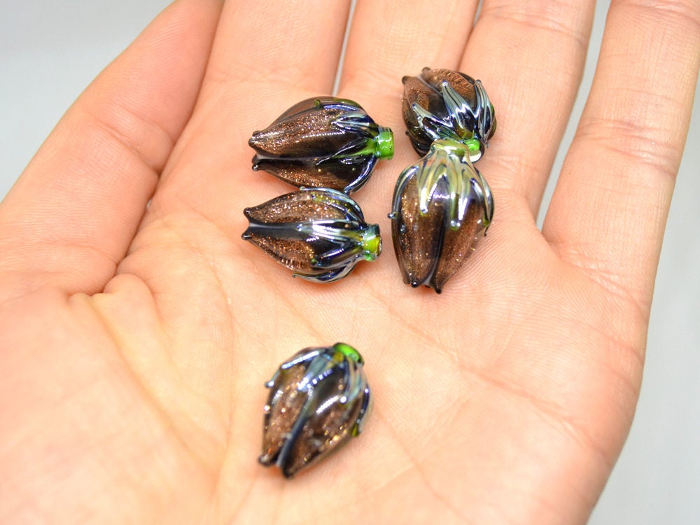 aventurine beads gold glass beads gold sand gold beads floral lampwork handmade beads gold glass pendant gold glitter beads flower pendant