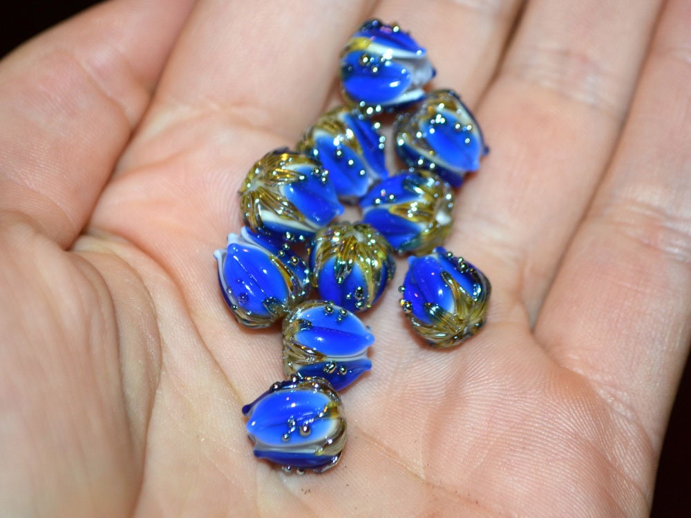 Dark blue bead with gold drops, 10mm Handmade Lampwork flower bead, Floral Lampwork, Cobalt blue beads, Jewelry supplies, Beads for crafts