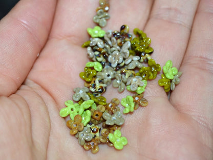 Tiny olive green flower beads, Very small flowers, Opaque glass flower, Green small flower beads, 5mm flowers, Artisan lampwork