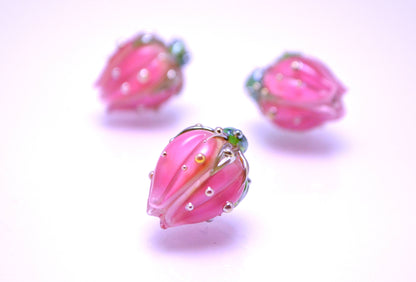pink flower lampwork bead rose gold dots bud artisan handmade glass jewelry making dew green Leaf floral beads for earrings pendant wedding
