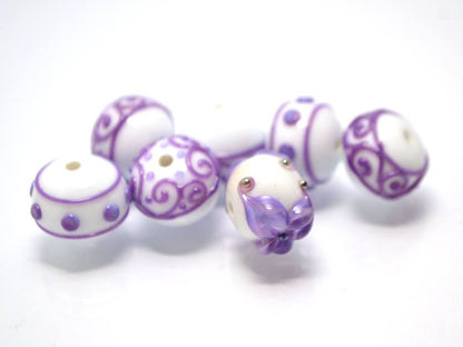 Lampwork purple white glass Handmade beads Artisan lampwork Rondelle bead Lampwork beads set Bracelet jewelry making set flower lampwork