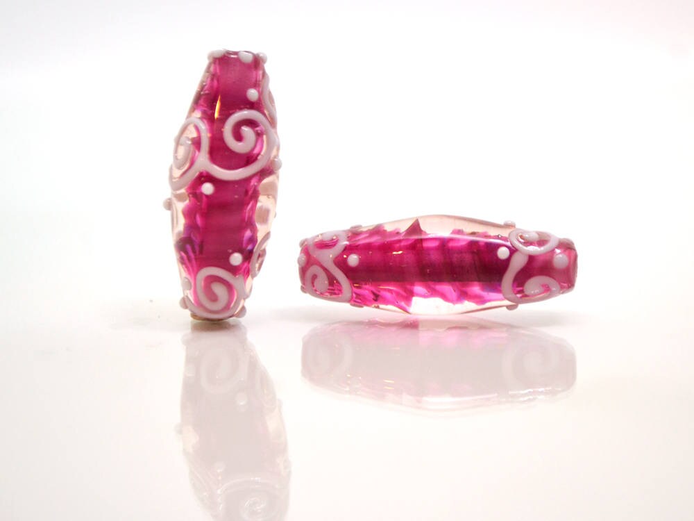 rhombus glass lampwork beads artisan lampwork set beads for jewelry oval glass beads rubina pink glass beads curls beads pink and white