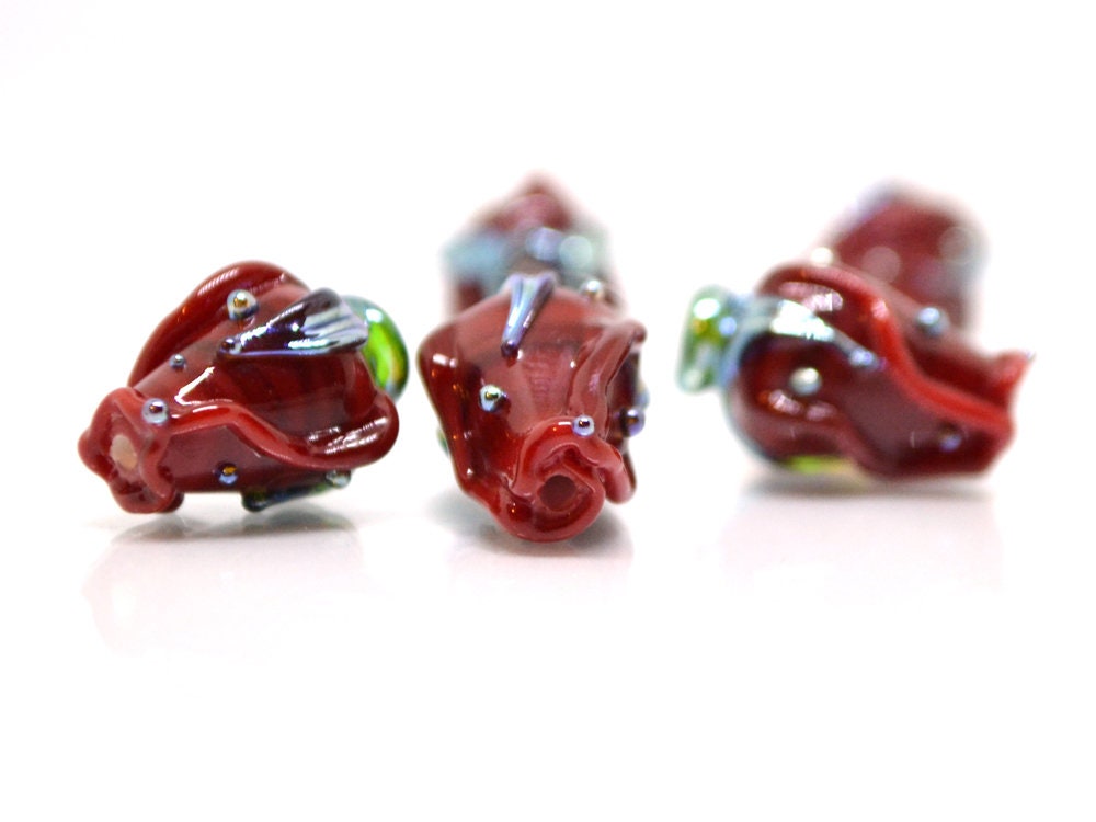 Red bud rose beads, Lampwork Glass Rose Bud Bead, Flower lampwork bead, Focal lampwork beads