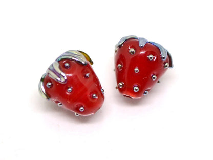 Big 12mm Strawberry lampwork beads, Red glass berry, Glass strawberry, Berry fruit beads, Red silver berry beads