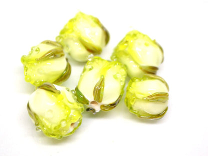 Green yellow rose bud beads, Lampwork rose beads, Salad green beads, Verdant Artisan lampwork, Floral Lampwork,Glass flower jewelry,Handmade