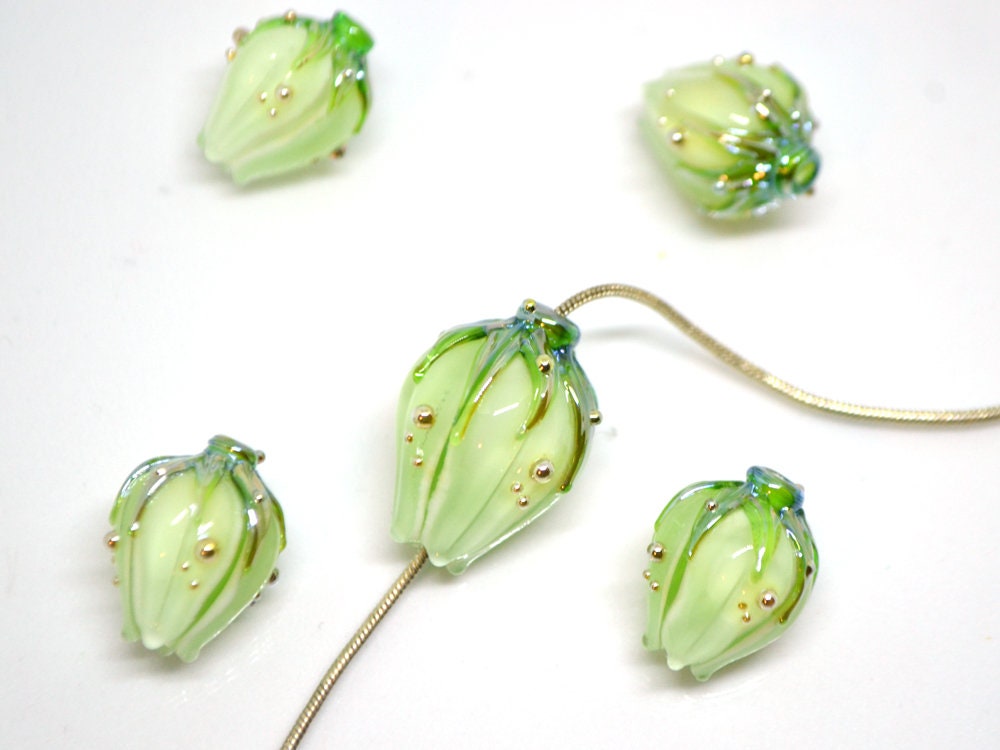 Mint green lampwork flower beads, Handmade lampwork beads, Floral glass pendant, Fresh green glass beads