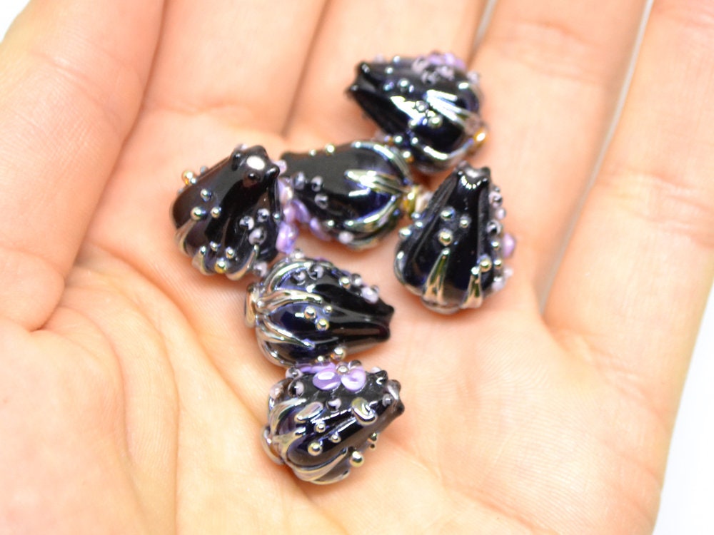 Purple black flower bouquet lampwork beads, Lampwork earrings DIY, SRA lampwork, Artisan lampwork, Designer beads, 17-21mm glass beads