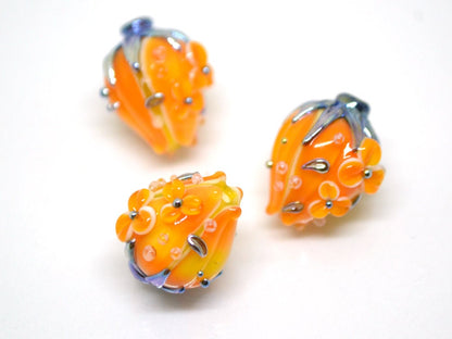 Light Orange flower bouquet lampwork beads, Honey yellow lampwork beads, SRA beads, Floral lampwork