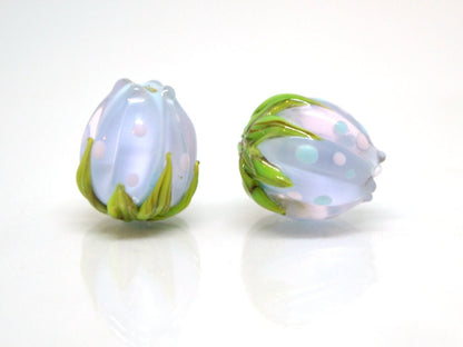 Pastel blue flower beads with colorful dots, Floral glass beads with green leaves, 12mm flower beads, Easter, Artisan lampwork