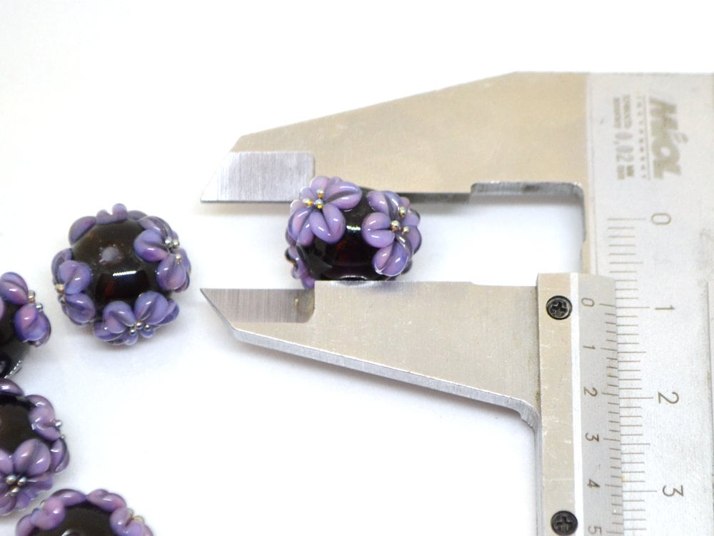 flower lampwork bead black glass beads bracelet artisan lampwork handmade glass bead black purple flower lavender flower earrings necklace