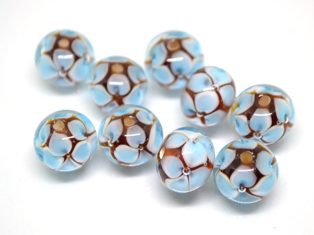 Blue 3d flowers on topaz beads, Rondelle beads, Blue flower Glass beads, Murano glass beads, Artisan lampwork