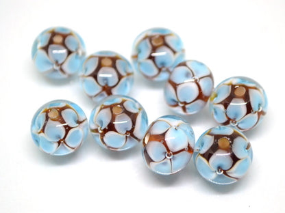 Blue 3d flowers on topaz beads, Rondelle beads, Blue flower Glass beads, Murano glass beads, Artisan lampwork
