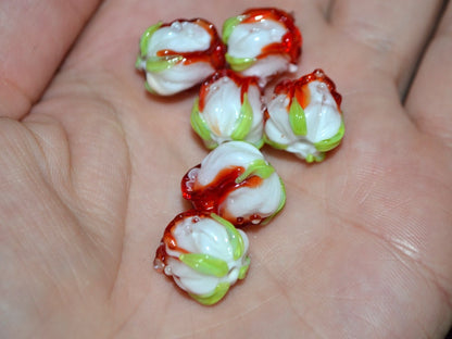 Red white rosebud beads, Red floral lampwork, Lampwork Earrings DIY, Glass rose beads, Spring lampwork, SRA beads, Lampwork pair