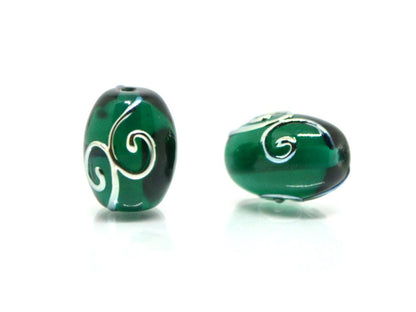 Emerald green oval glass beads silver curles, Barrel lampwork beads, Handmade glass, Jewelry supplies, Bead set, Beads for necklace jewelry