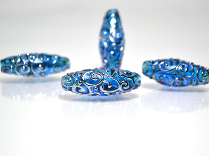 lampwork glass handmade bead rhombus oval bead swirl aqua jewelry supplies blue design bead artisan lampwork glass set silver curls on blue