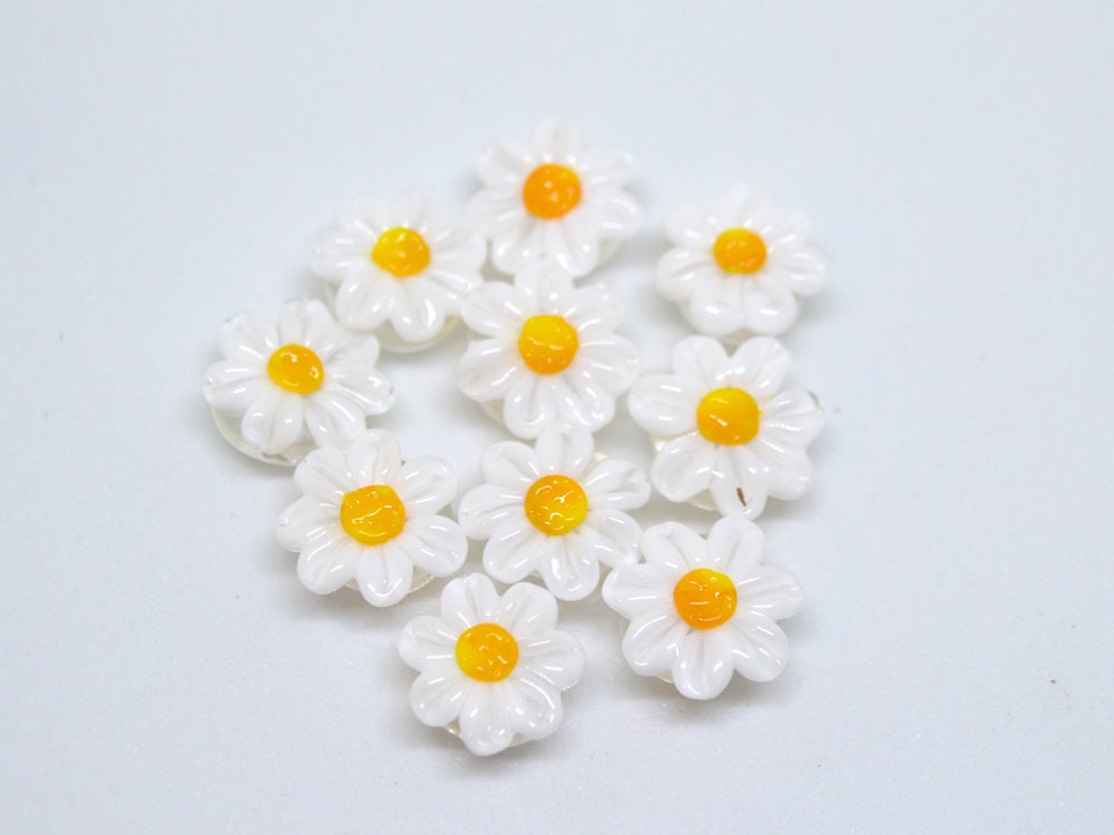 Lampwork Chamomile beads, Chamomile flower bead, Yellow and white beads, Lentils beads, White flower bead,White floral lampwork,Field flower