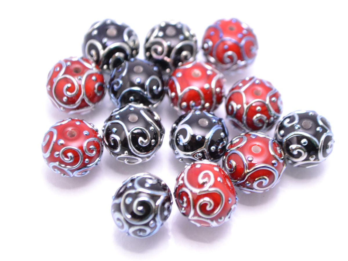 black red lampwork handmade bead artisan lampwork bead set jewelry making round bead silver curl dots red and black glass lampwork beads