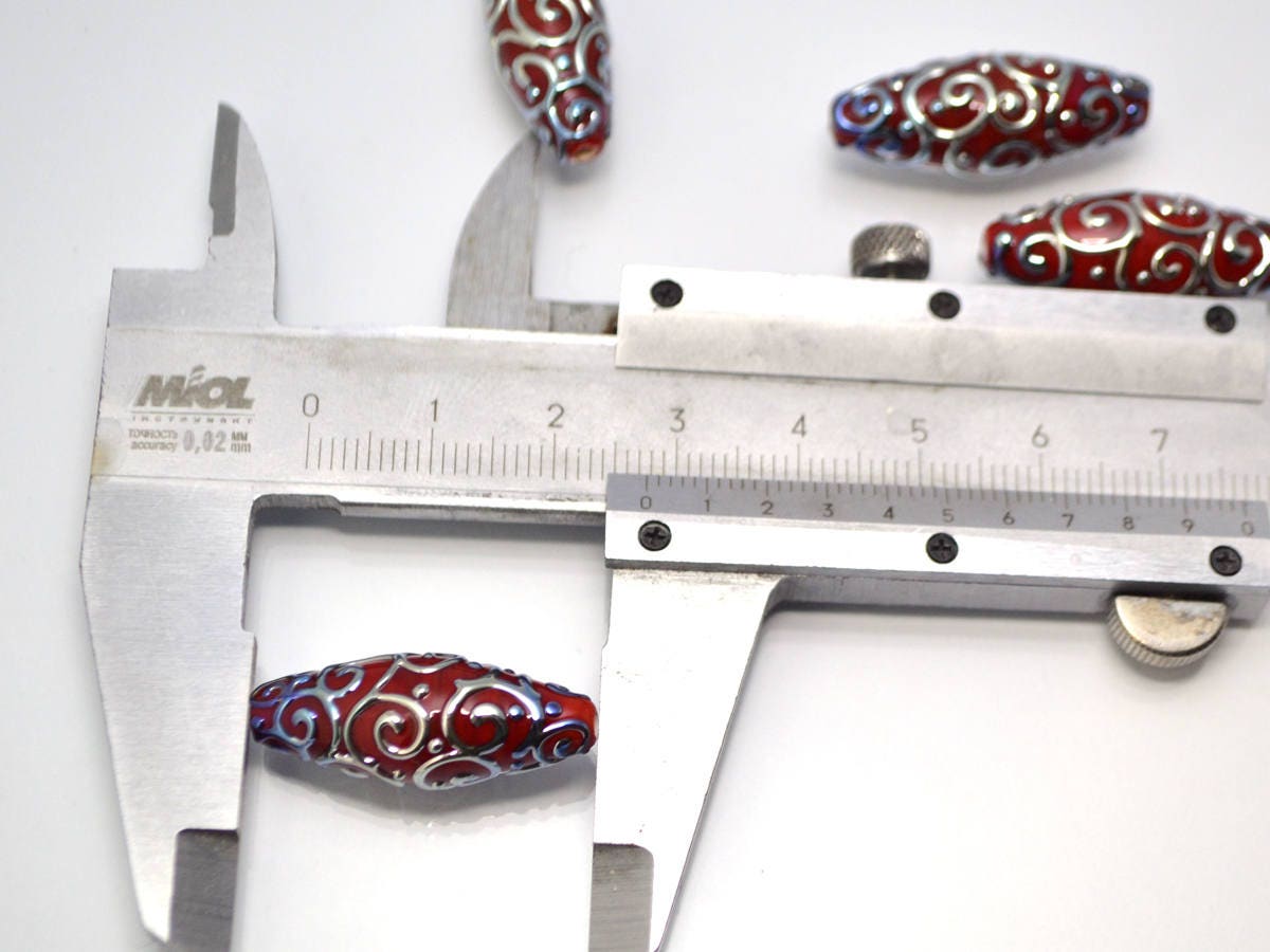 red silver lampwork beads artisan lampwork lampwork beads set rhombus oval textured mirror beads jewelry making bright deep red silver glass