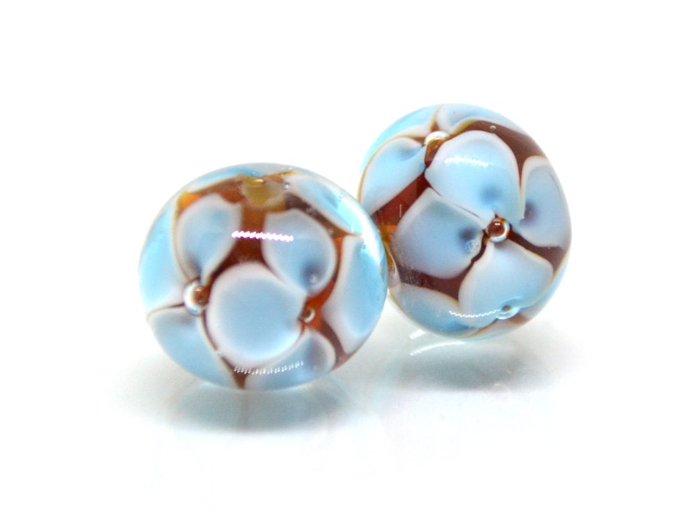 Blue 3d flowers on topaz beads, Rondelle beads, Blue flower Glass beads, Murano glass beads, Artisan lampwork
