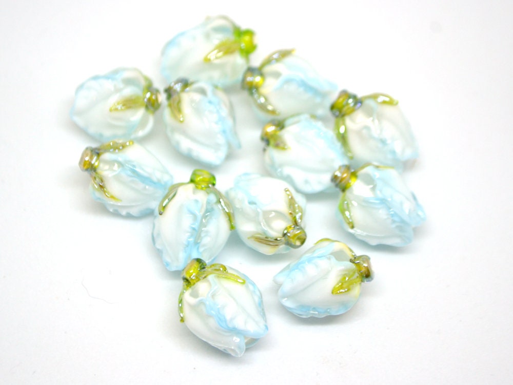 Pale blue glass beads, Lampwork flower beads, Sky blue beads, White blue glass beads, Romantic lampwork, Artisan lampwork, Something blue
