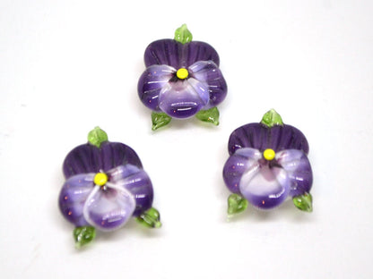 Purple glass pansy beads, Lampwork pansies, Lampwork flower beads, Purple lampwork pansy