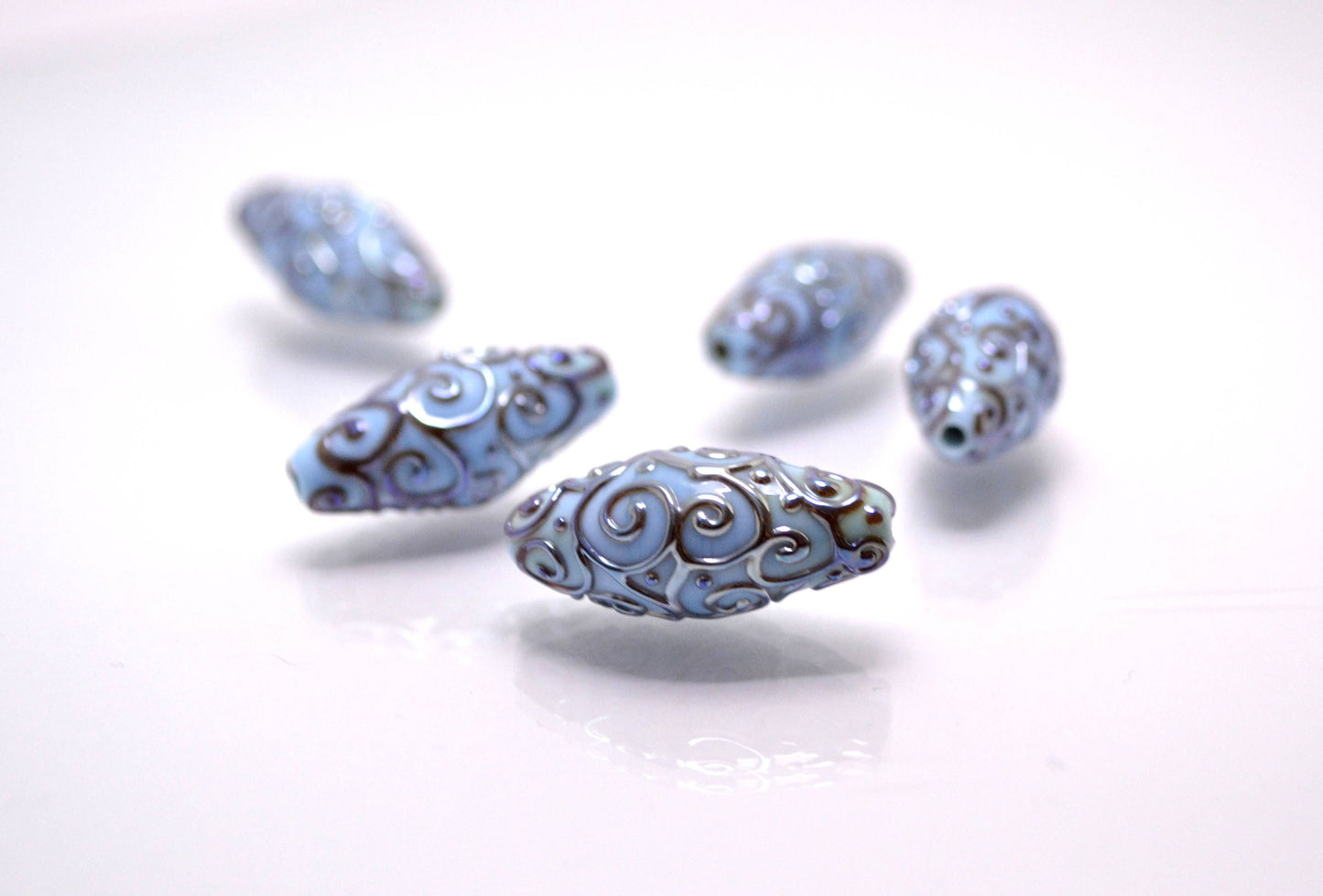 sky blue lampwork handmade bead oval swirl jewelry making artisan heavenly set silver mirror texture pendant curl rhombus wedding angelical