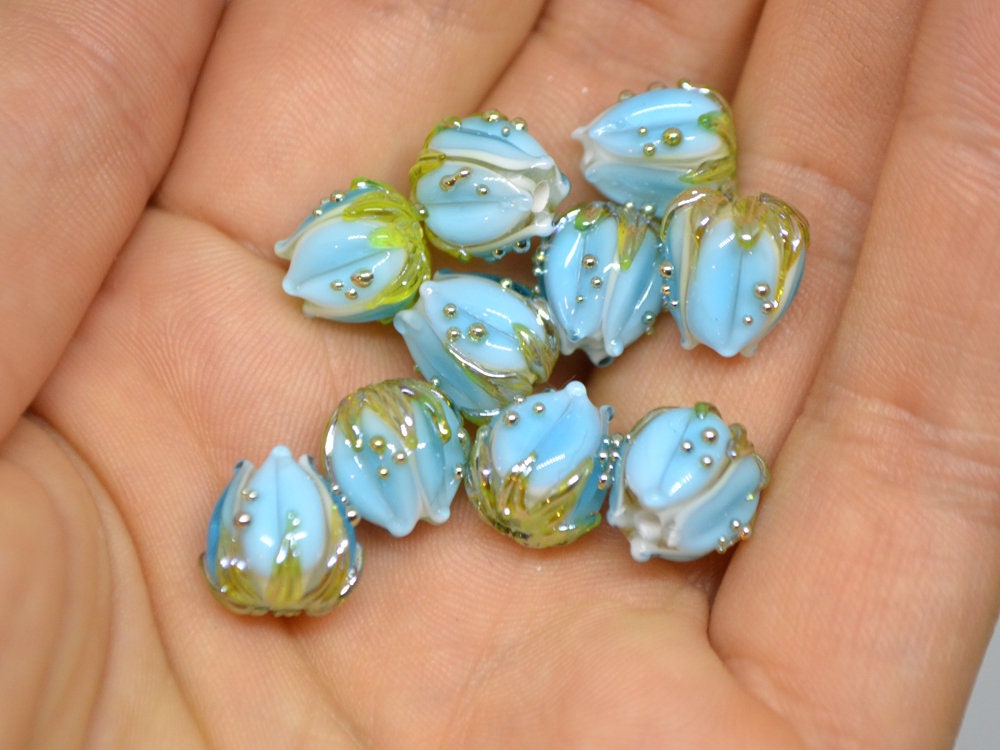 Lampwork glass flower beads 10mm, Light aquamarine flower buds with green gold leaves, Handmade lampwork, blue glass beads, Something blue