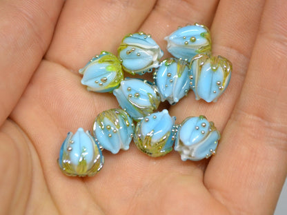 Lampwork glass flower beads 10mm, Light aquamarine flower buds with green gold leaves, Handmade lampwork, blue glass beads, Something blue