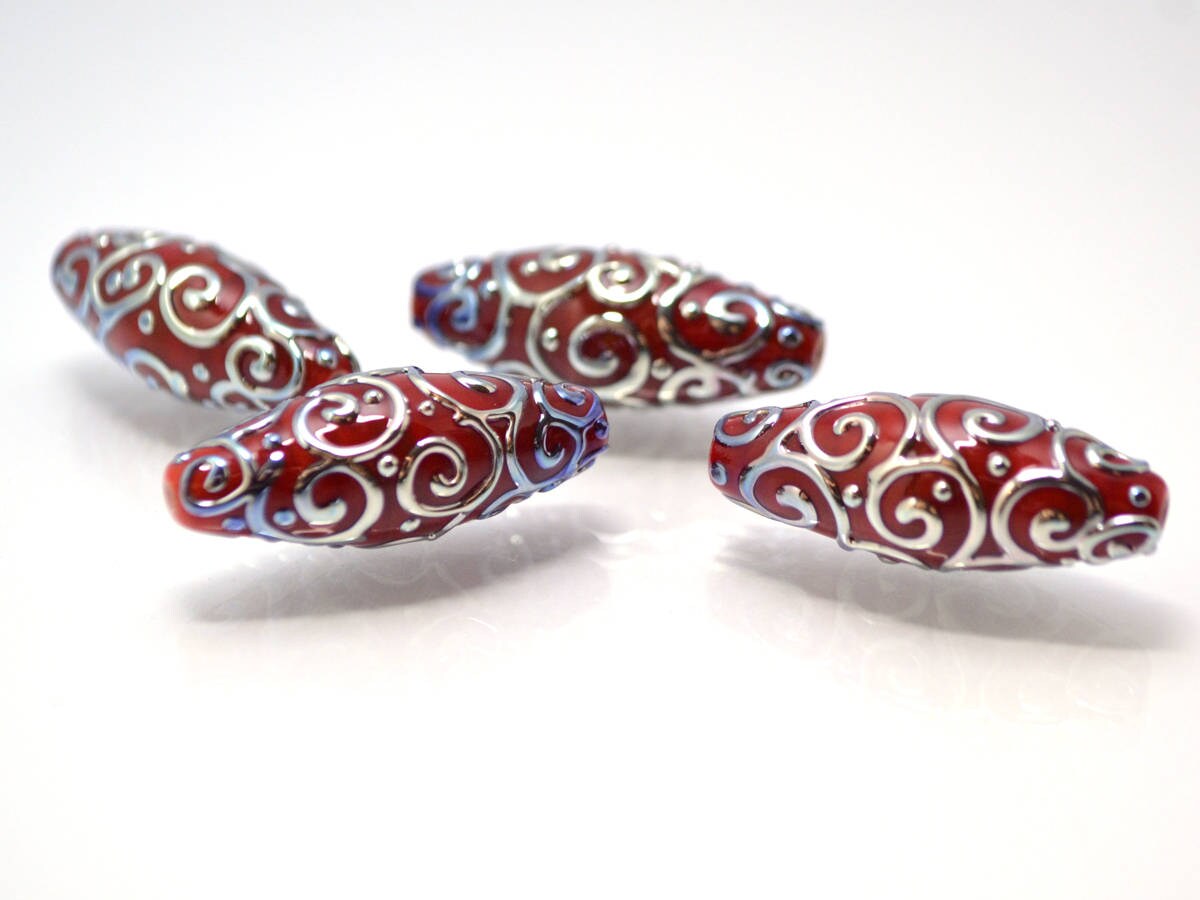 red silver lampwork beads artisan lampwork lampwork beads set rhombus oval textured mirror beads jewelry making bright deep red silver glass