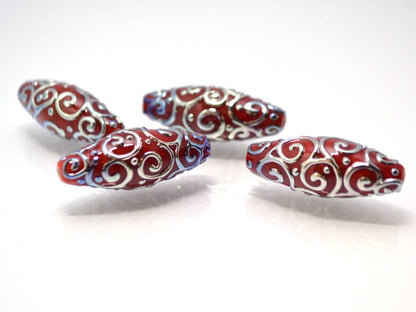 red silver lampwork beads artisan lampwork lampwork beads set rhombus oval textured mirror beads jewelry making bright deep red silver glass