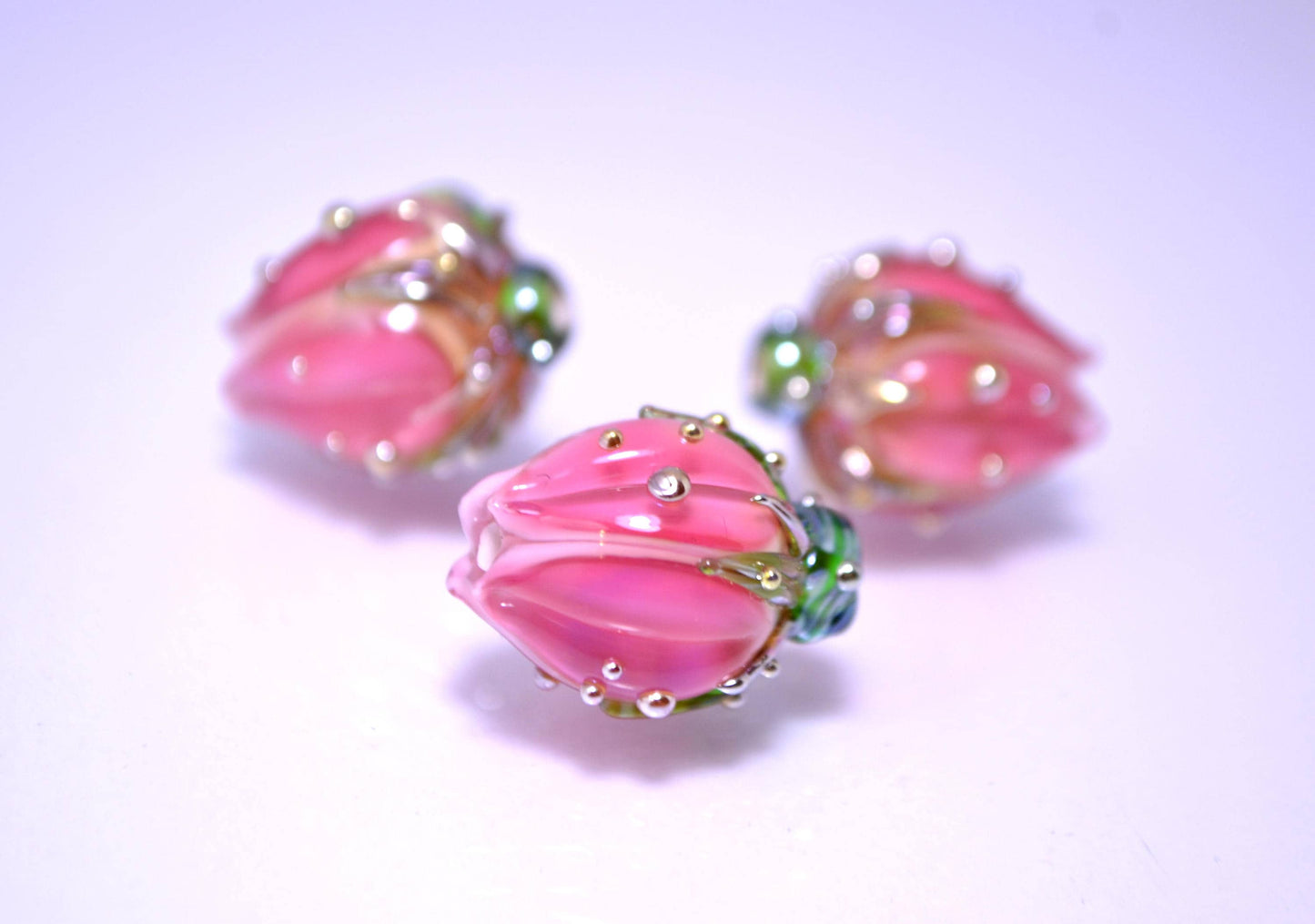 pink flower lampwork bead rose gold dots bud artisan handmade glass jewelry making dew green Leaf floral beads for earrings pendant wedding