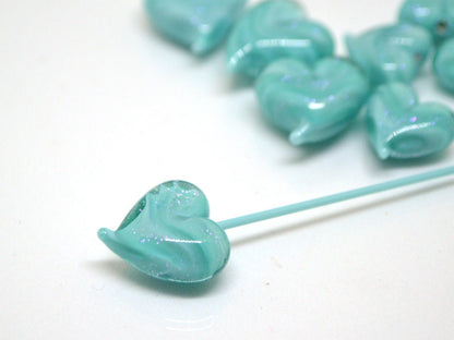 Turquoise heart beads, Green blue glass bead, Sparkle Lampwork heart, Heart shape bead, Glass Heart charm beads, Half-drilled beads