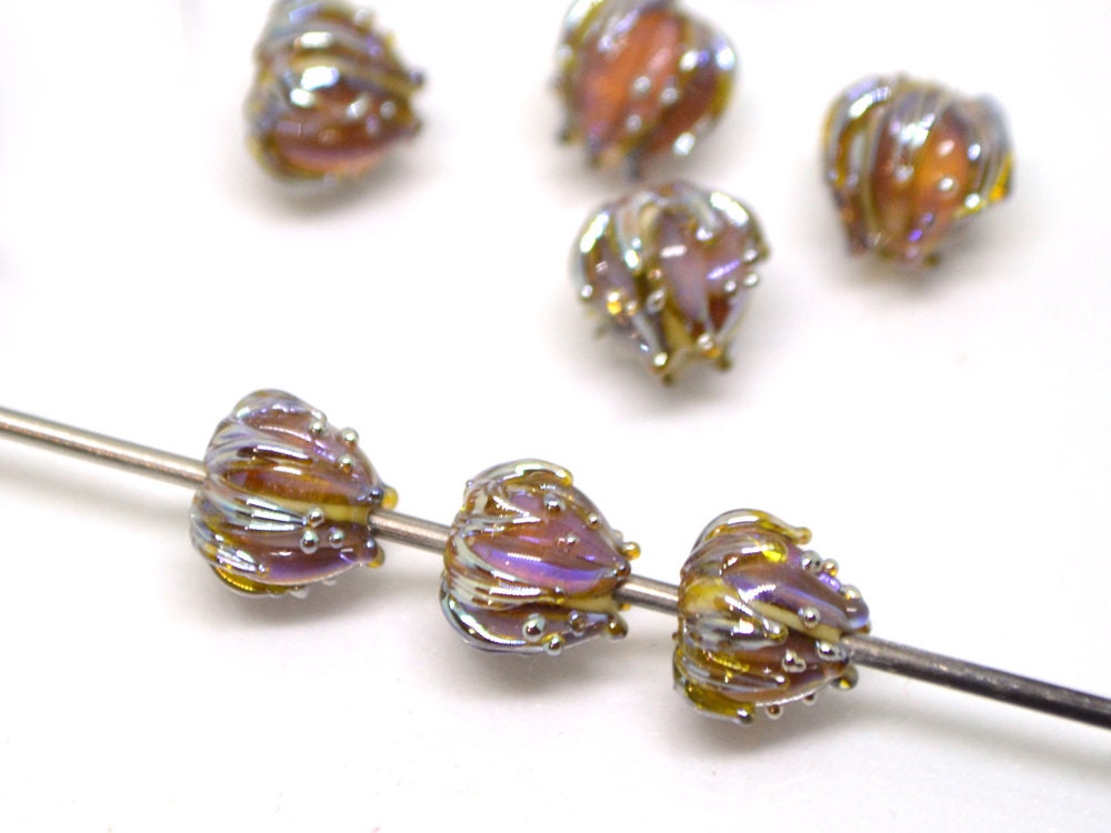 Lavender pink gold flower beads, 7mm glass beads, Tiny flower beads, Sparkle floral beads, Artisan lampwork beads, Lampwork bead set