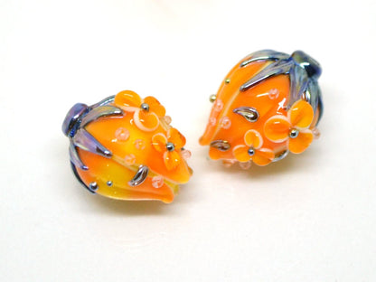 Light Orange flower bouquet lampwork beads, Honey yellow lampwork beads, SRA beads, Floral lampwork