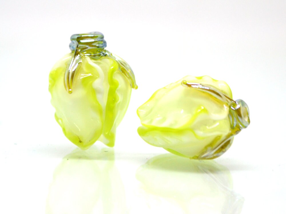 Light green glass beads, Lampwork floral beads, Salad green beads, White green glass beads, Beads for earrings, Artisan lampwork, bud beads