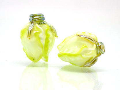 Light green glass beads, Lampwork floral beads, Salad green beads, White green glass beads, Beads for earrings, Artisan lampwork, bud beads