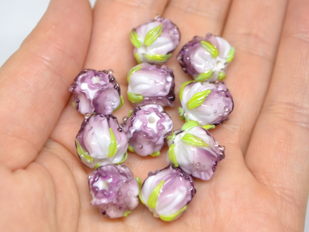 Amethyst white rosebud beads, Lilac floral lampwork, Lilac glass beads, DIY Jewelry, Flower glass beads, Flower Jewelry, Made for order