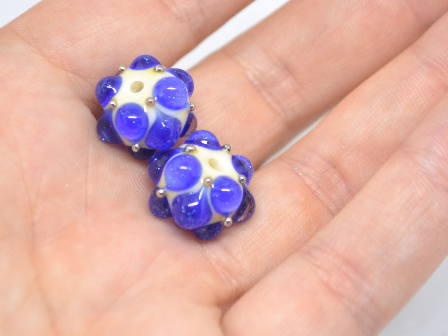 Electric Blue Lampwork bead, Cobalt blue glass beads, Blue beige lampwork beads, Artisan lampwork, Handmade bead, Rondelle beads