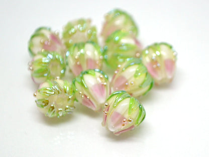 Pink milk glass beads, 10mm flower beads, Two tone beads, Floral theme beads, Floral lampwork, Artisan lampwork, bud green leaf, Jewelry