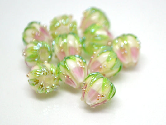 Pink milk glass beads, 10mm flower beads, Two tone beads, Floral theme beads, Floral lampwork, Artisan lampwork, bud green leaf, Jewelry