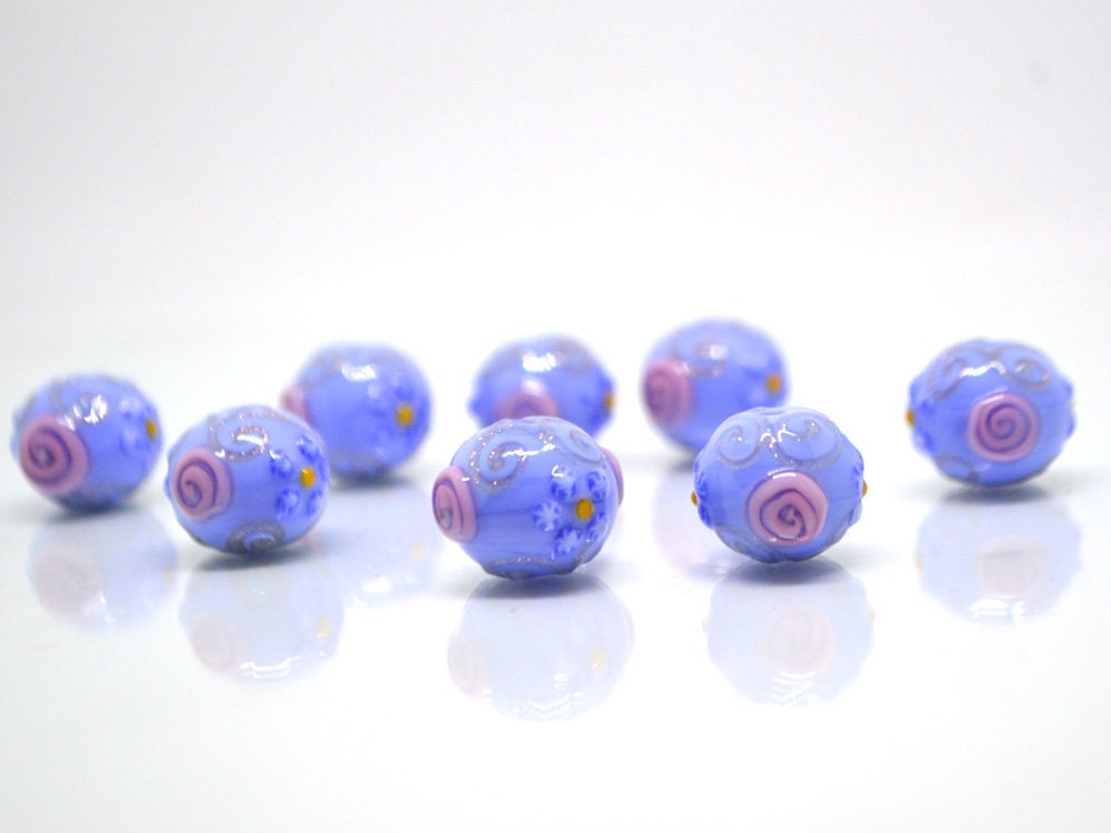 Blue purple handmade glass lampwork beads|Periwinkle blue jewelry|Venetian beads|Artisan lampwork|Periwinkle wedding|Jewelry making|Floral