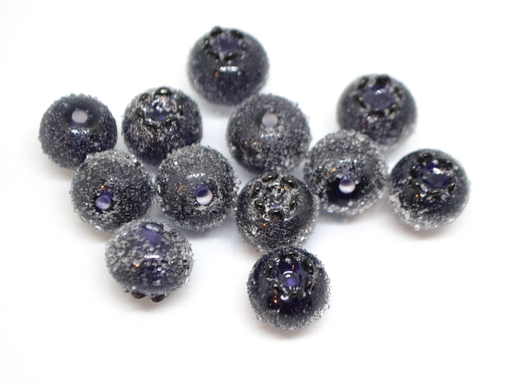 Dark purple glass berries, Frost berry beads, Lampwork blueberry, Purple berry, Glass fruits