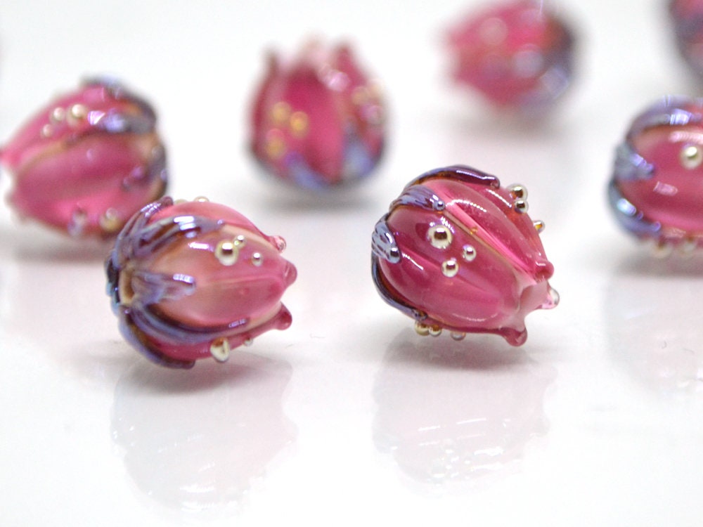 Bright pink flower beads silver, 10mm flower beads, lampwork rose buds, floral theme beads, Floral lampwork, Lampwork bead set, Handmade