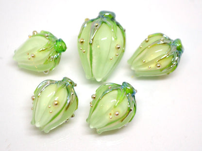 Mint green lampwork flower beads, Handmade lampwork beads, Floral glass pendant, Fresh green glass beads