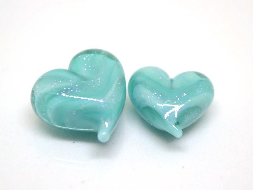 Turquoise heart beads, Green blue glass bead, Sparkle Lampwork heart, Heart shape bead, Glass Heart charm beads, Half-drilled beads
