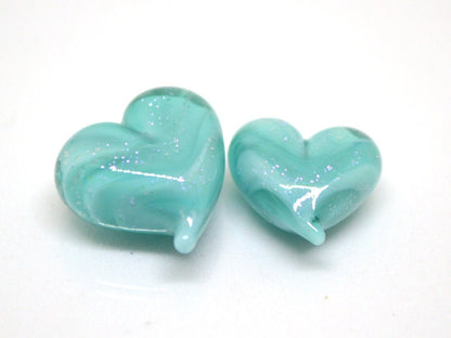 Turquoise heart beads, Green blue glass bead, Sparkle Lampwork heart, Heart shape bead, Glass Heart charm beads, Half-drilled beads