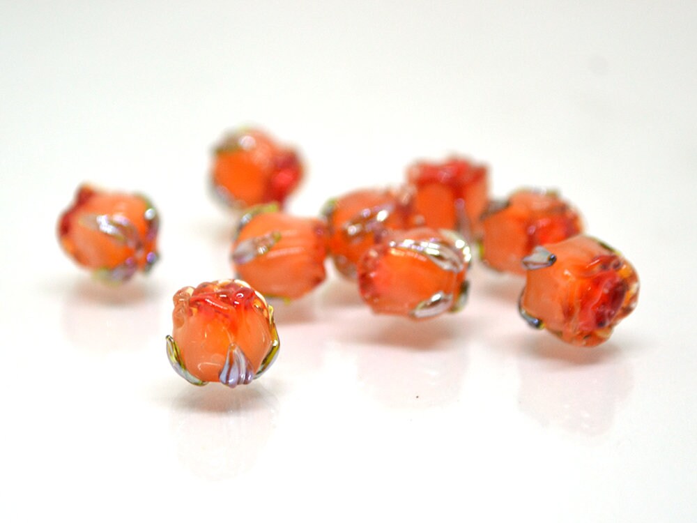 Small 7mm Orange rosebud beads, Rose glass beads, Floral lampwork, Orange glass beads, Handmade Lampwork