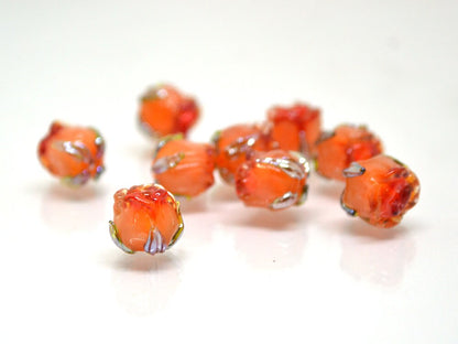 Small 7mm Orange rosebud beads, Rose glass beads, Floral lampwork, Orange glass beads, Handmade Lampwork