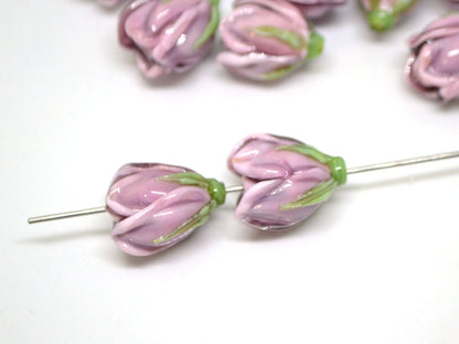 Lampwork Magnolia, Glass flower beads, Lilac glass floral beads, Artisan lampwork, Pastel pink bead, Focal glass beads, Handmade lampwork